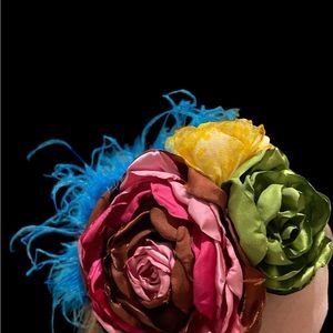 One of a kind oversized satin flower headband bow pink green yellow